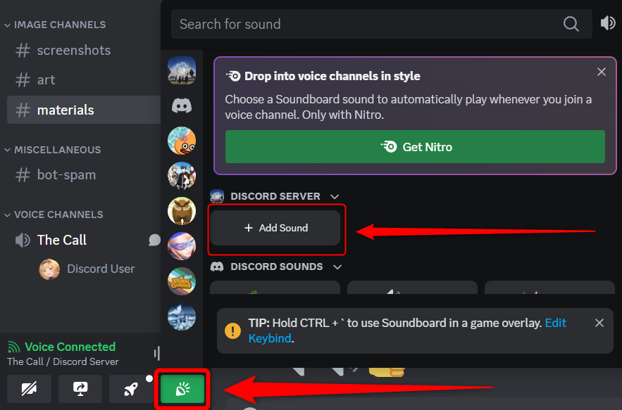 Opening the Discord Soundboard menu and adding a sound.