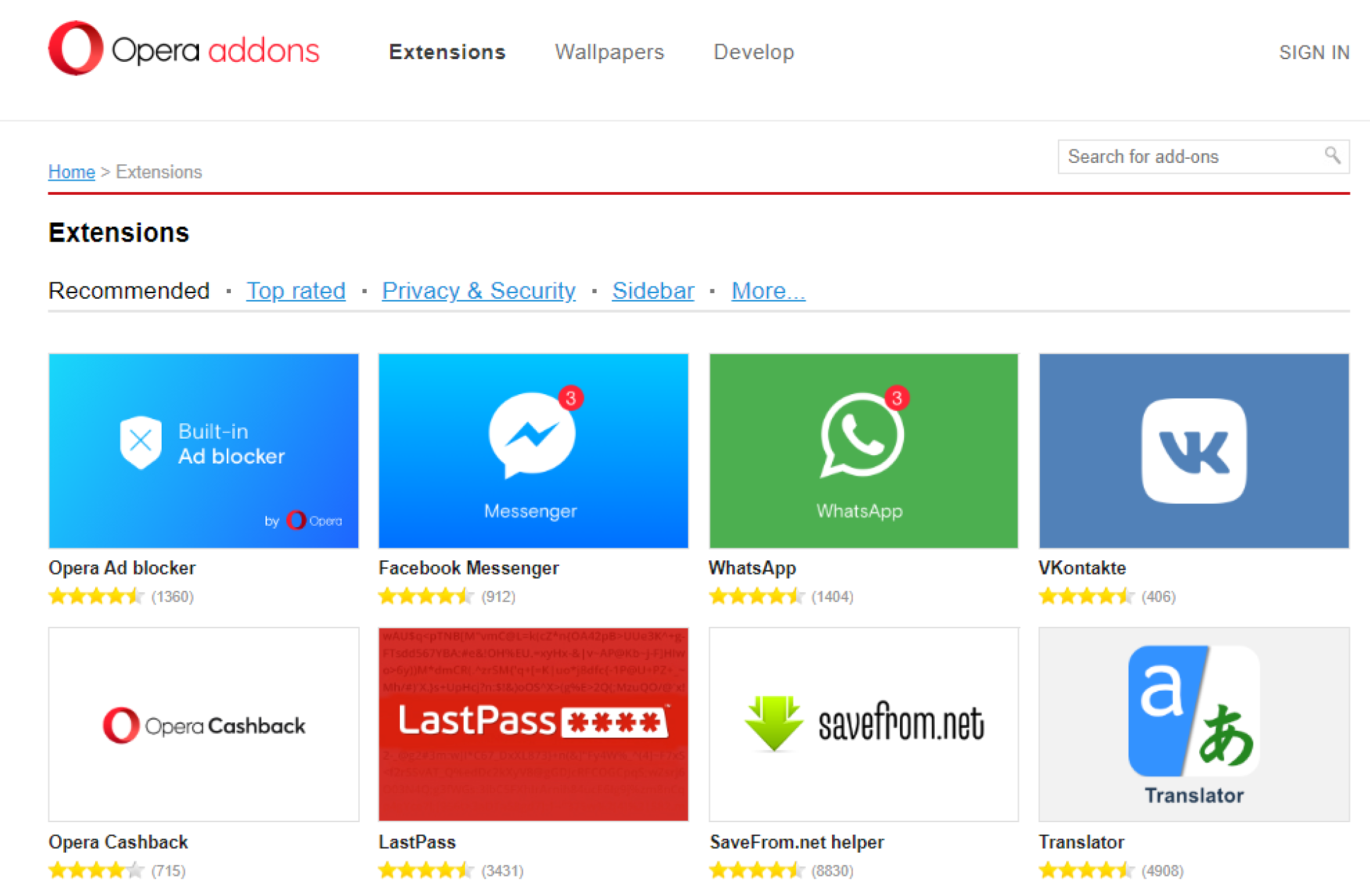 The Extensions page on Opera GX