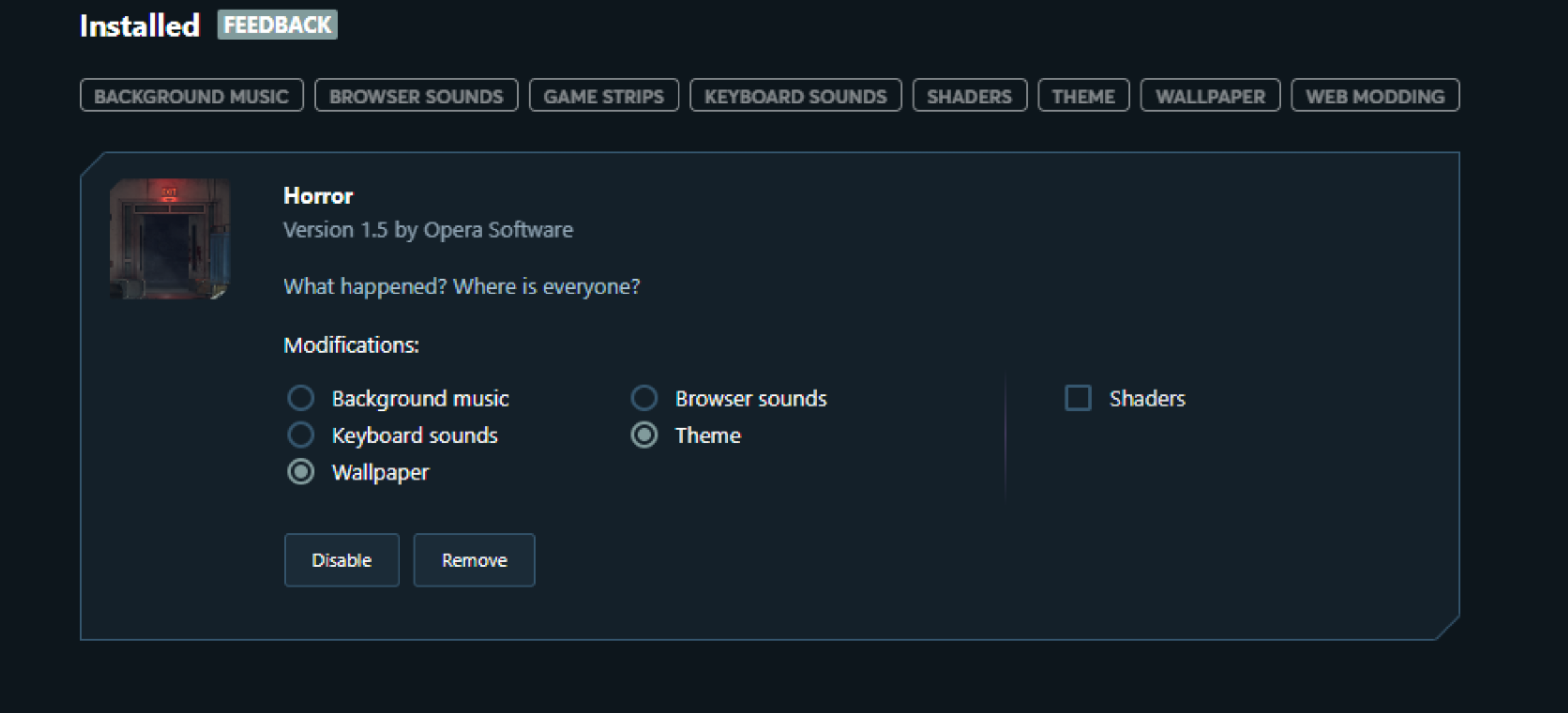 The options menu for a mod on Opera GX
