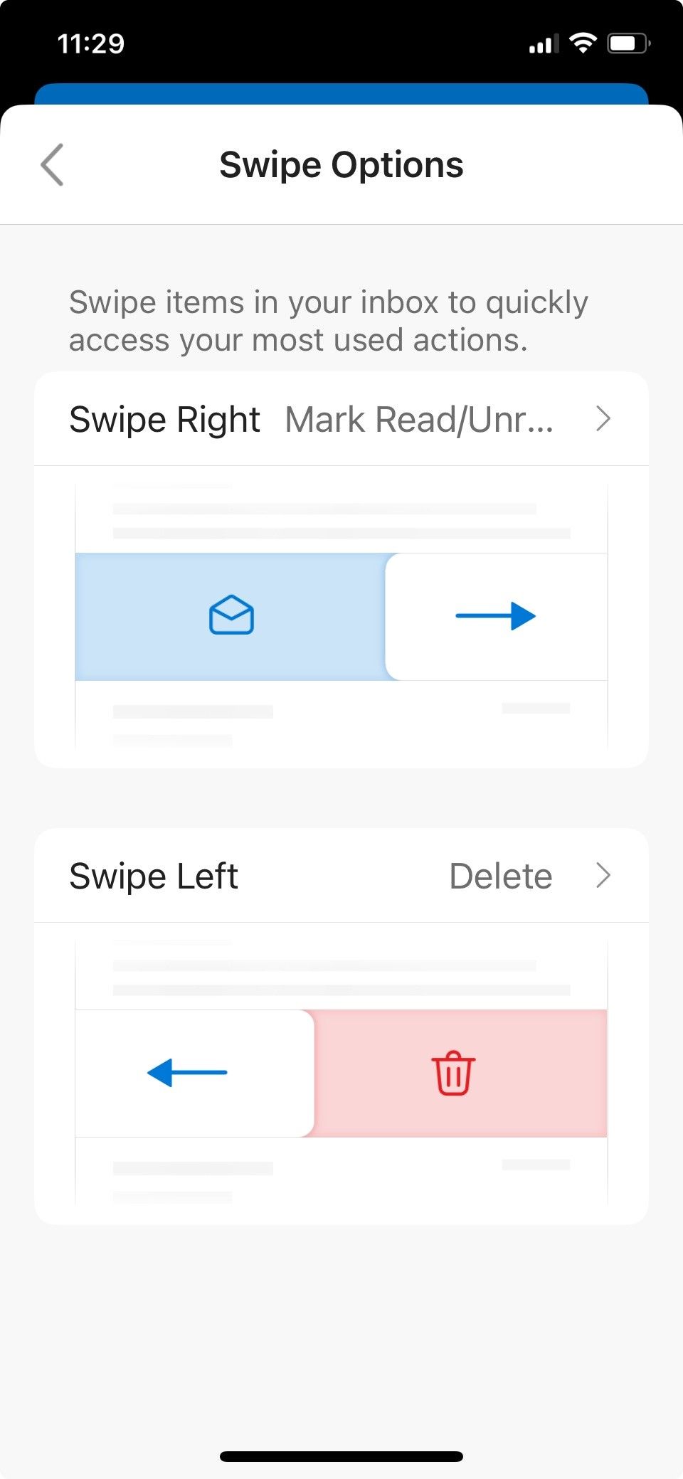 Configuring Outlook Mobile's Swipe Options