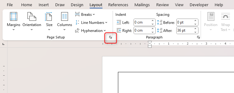 Word's Page Setup icon in the Page Setup group of the Layout tab.