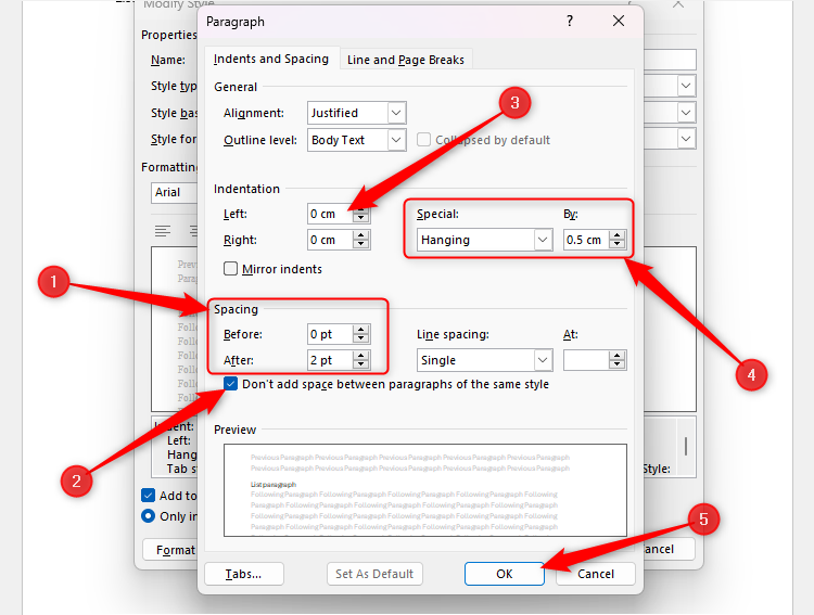 Paragraph style settings in Word for a bullet-pointed list.