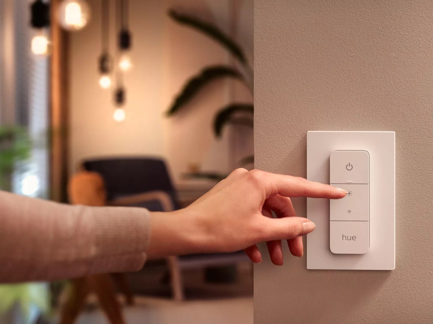 Philips Hue switch mounted on a wall.