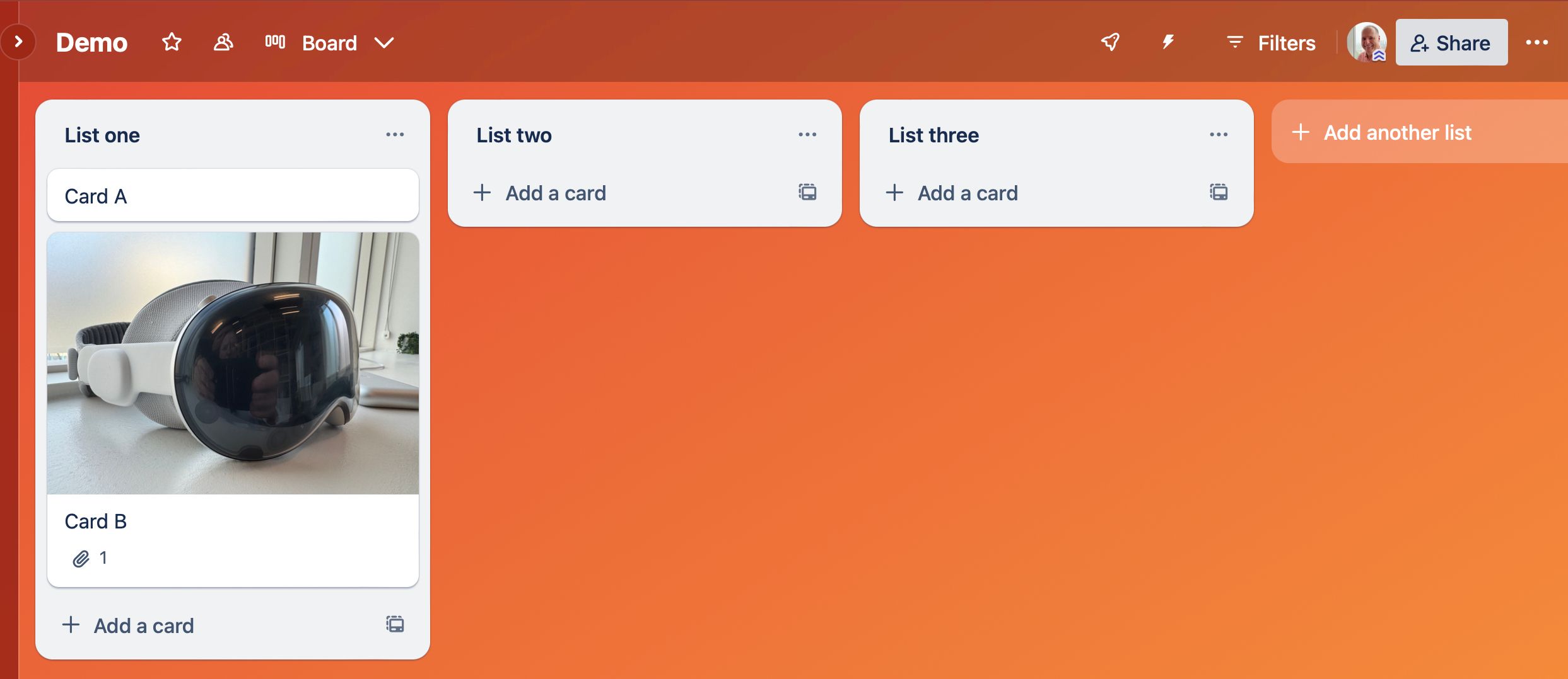 A VR headset displayed on a Trello card. 