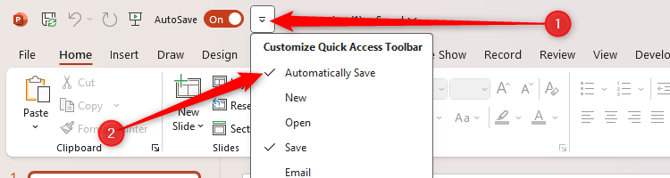 PowerPoint's Customize Quick Access Toolbar menu, with Automatically Save selected.
