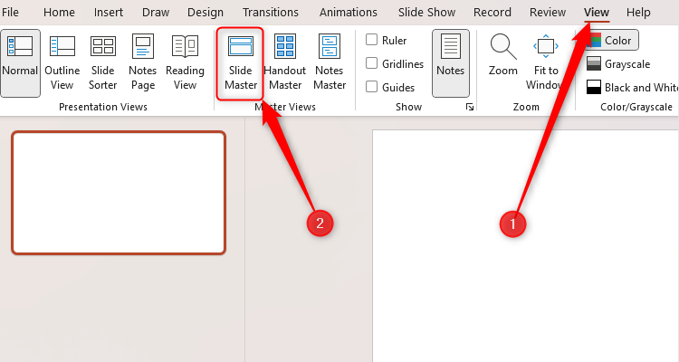 PowerPoint's Slide Master view, accessed via the View tab on the ribbon.