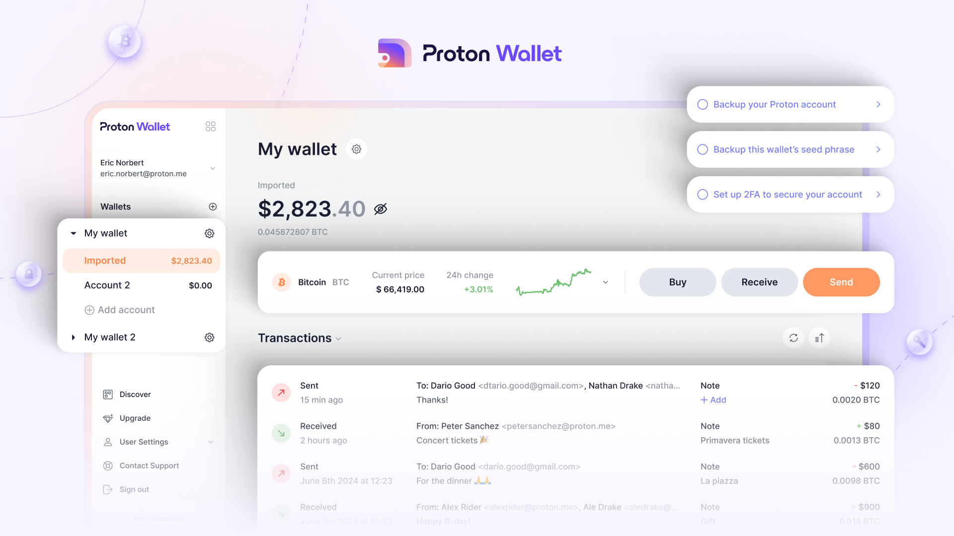 Screenshot of Proton wallet on a computer.