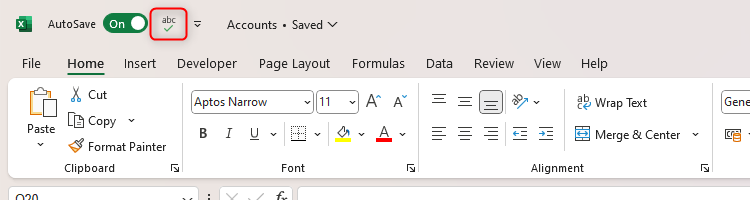 Excel's Quick Access Toolbar containing the Spelling icon.