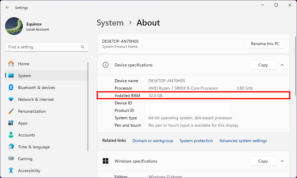 The 'Installed RAM' lined highlighted. It is third from the top. 