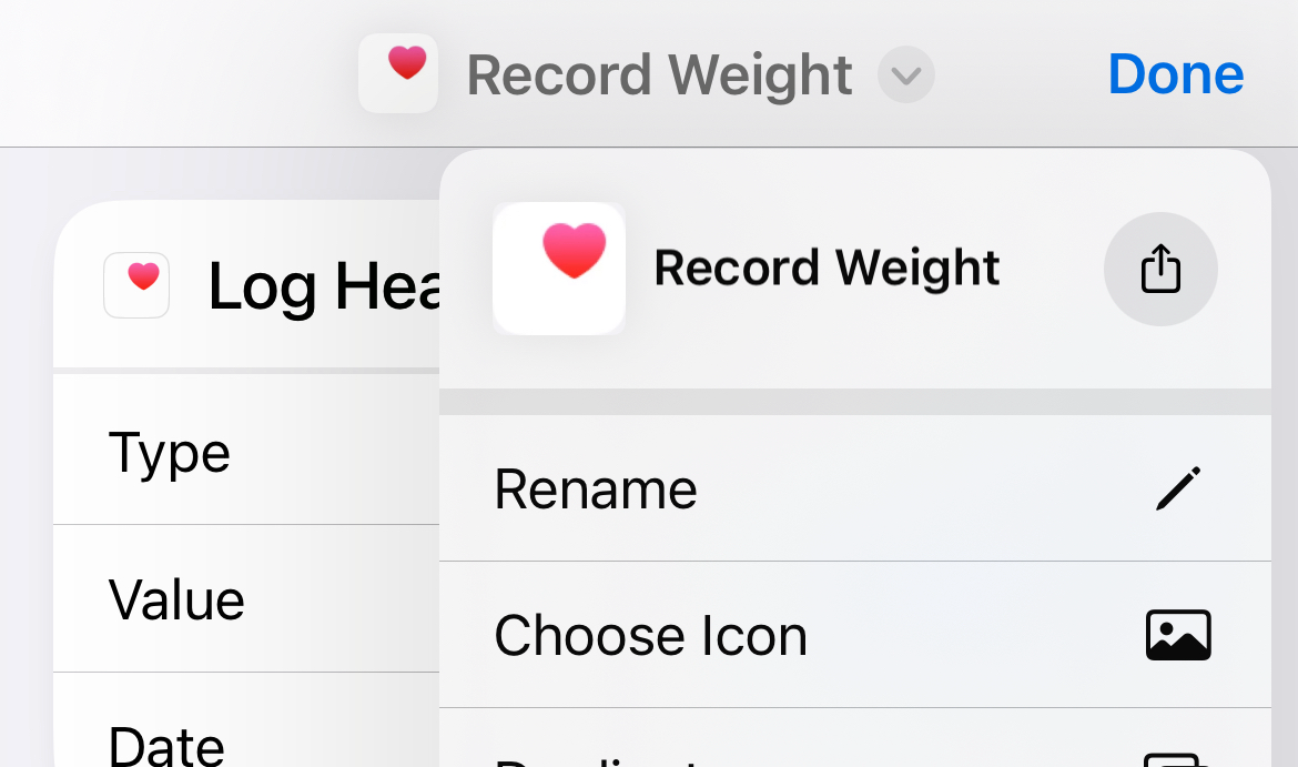 Renaming a shortcut in the iPhone Shortcuts app.