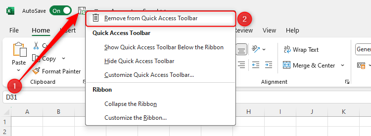 The Quick Access Toolbar icon menu with Remove From Quick Access Toolbar highlighted.