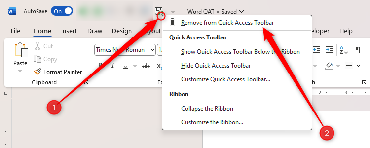 The Save icon in Word's Quick Access Toolbar, with the corresponding menu showing Remove From Quick Access Toolbar.
