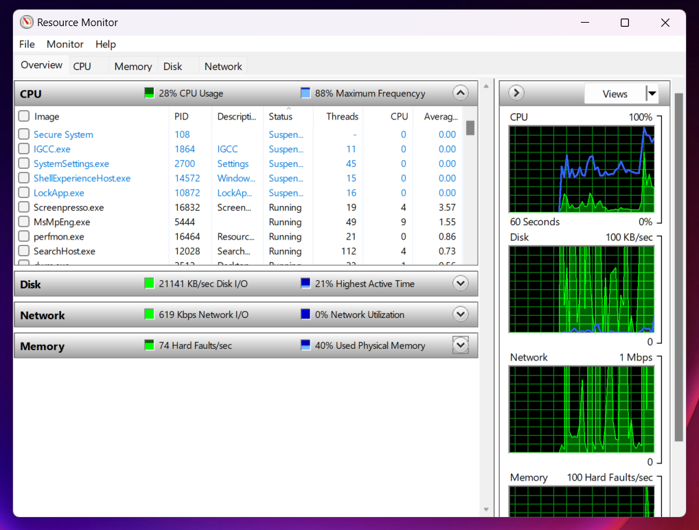 Viewing real time data of system resources in Resource Monitor window. 