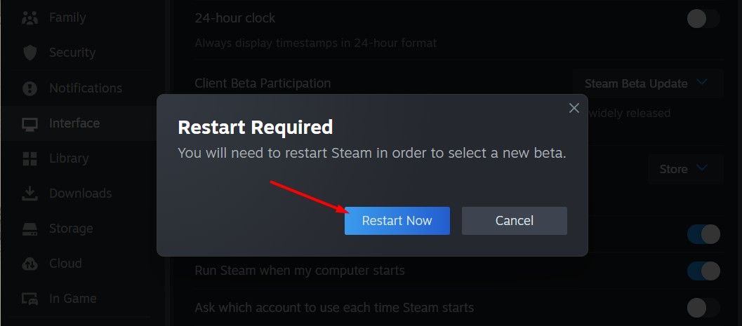 Restart Now option in the Steam client.