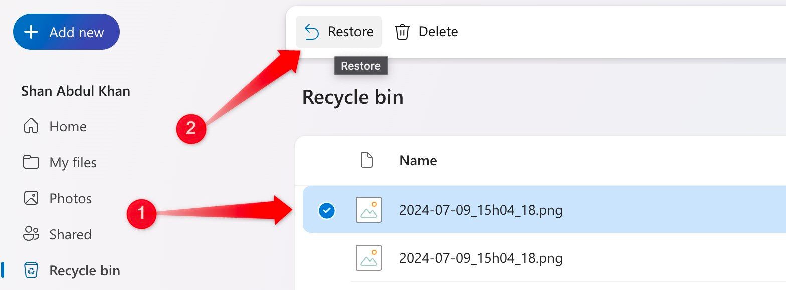 Restoring a file from OneDrive's recycle bin.