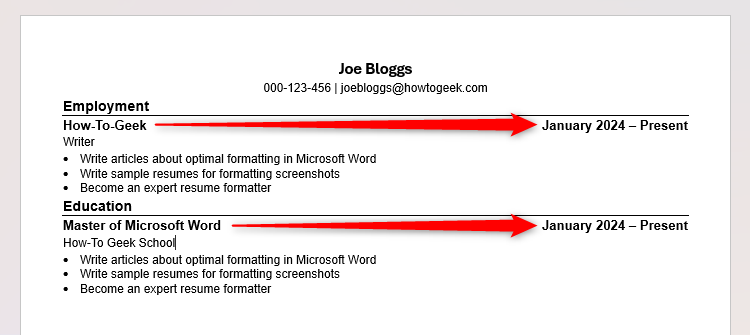 A resume in Microsoft Word with right-aligned text.
