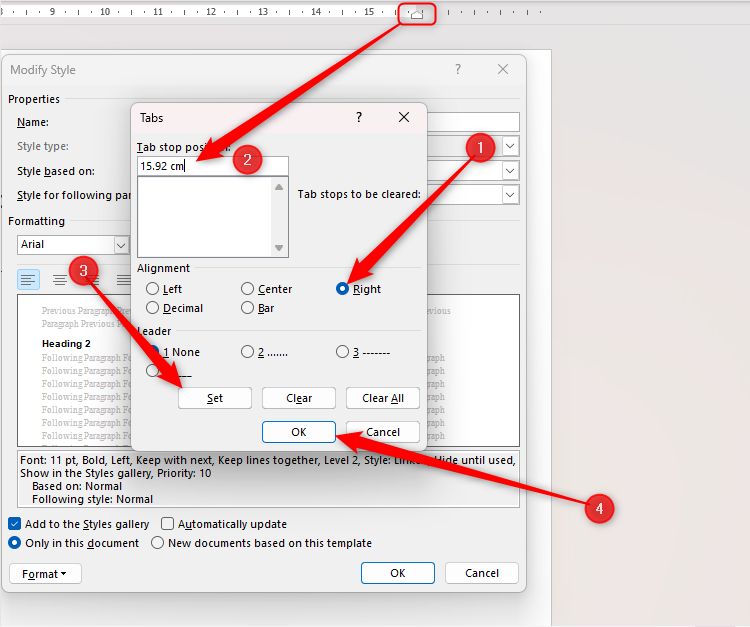 A right tab stop being added in the Tabs dialog box.
