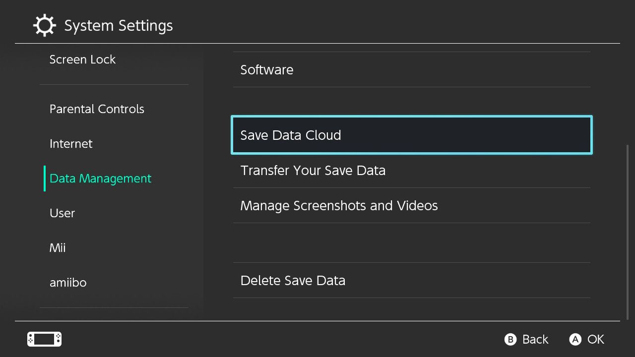 The "Save Data Cloud" option in the Switch Data Management settings.