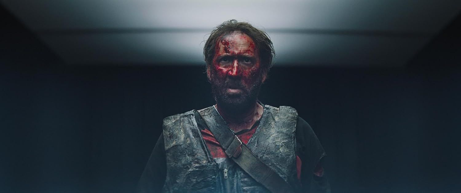 Scene from Mandy with Nick Cage covered in Blood