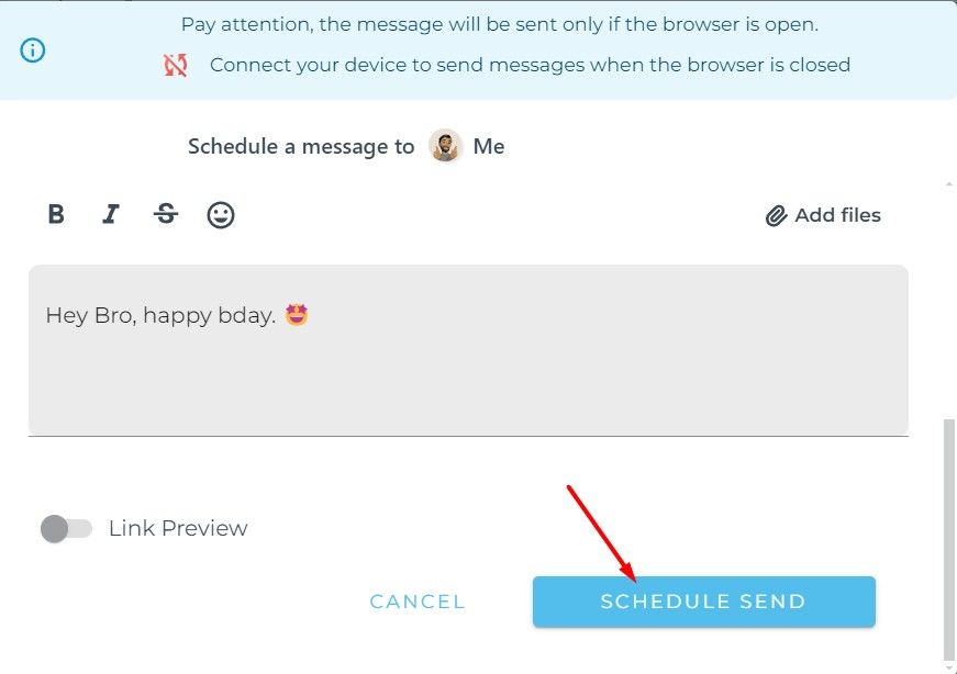 Schedule Send optoin in WhatsApp Web.