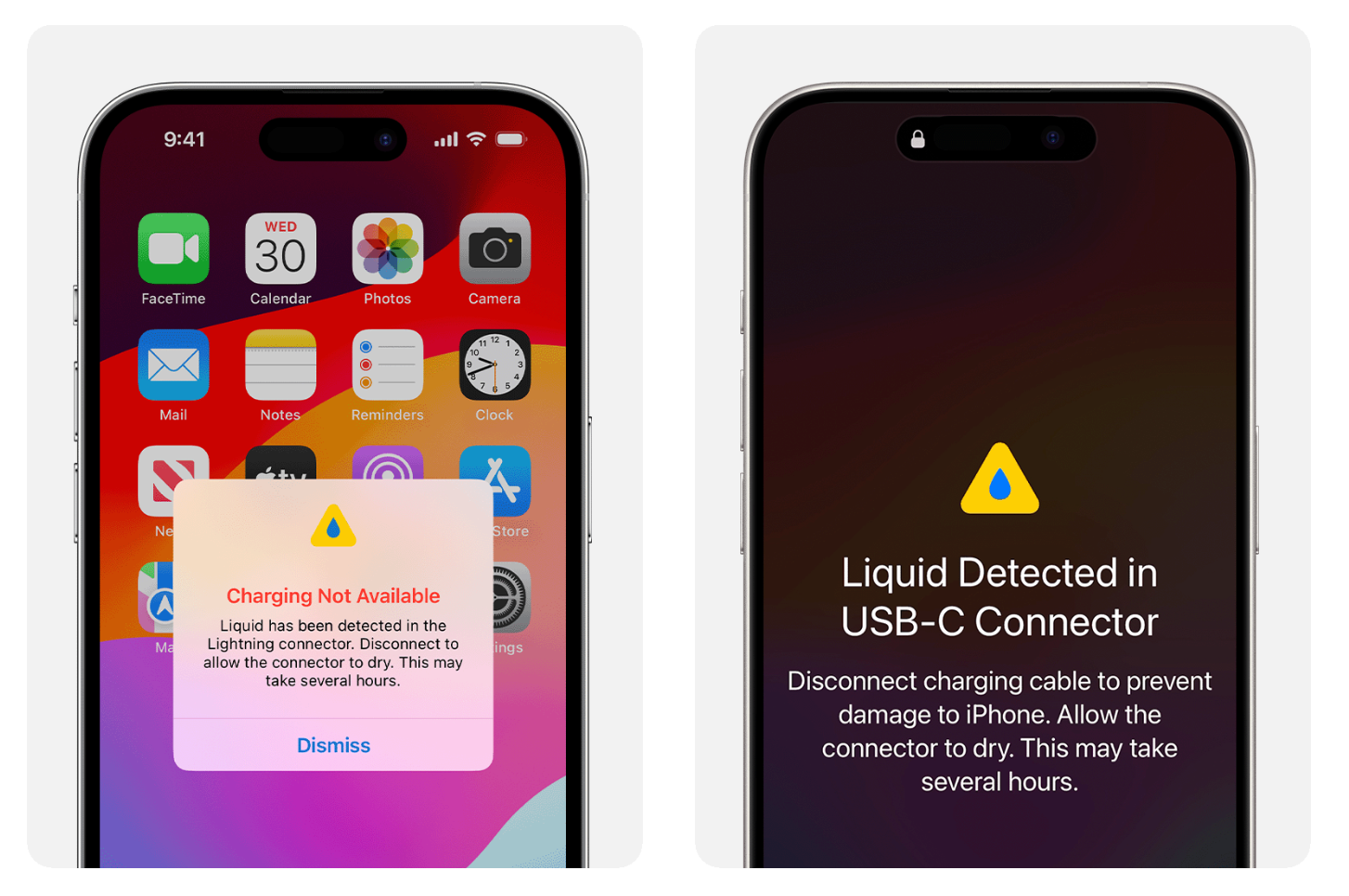 iPhone charging not available and liquid detected warnings.