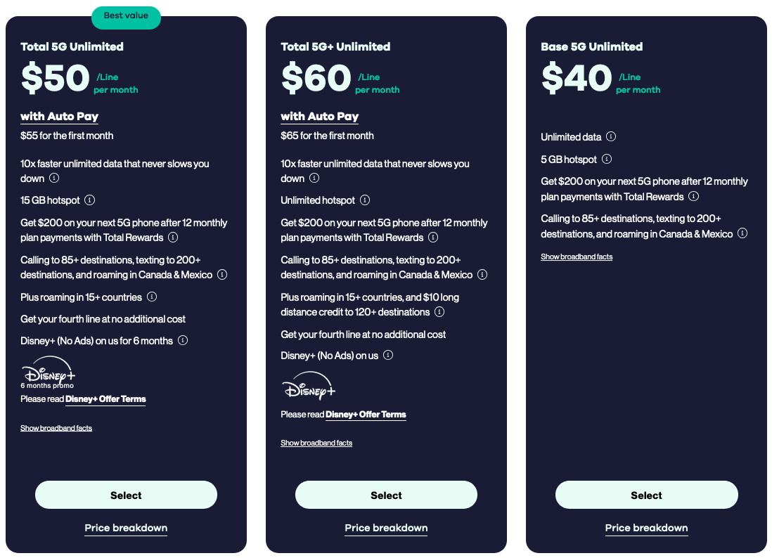 Comparison of Total Wireless plans.