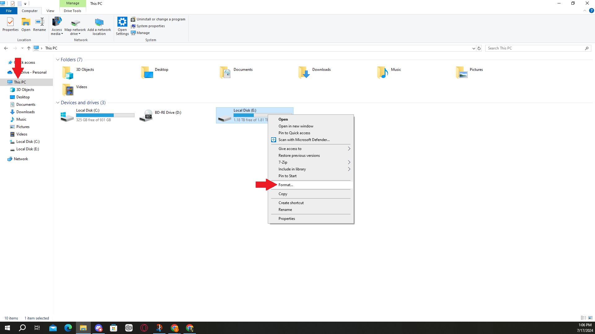 The "Format" option on a storage drive in Windows 10.