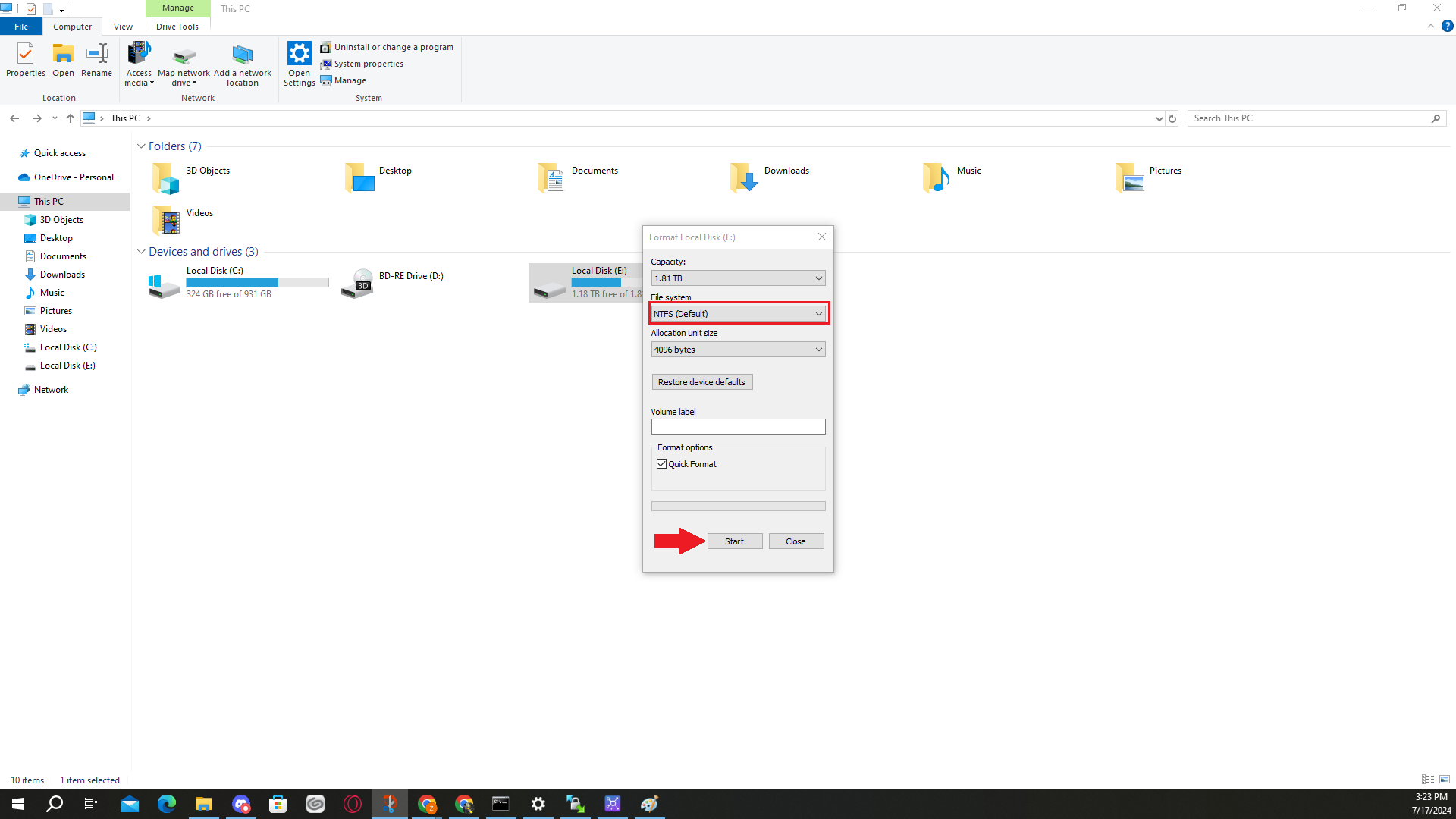 The "Format" menu in Windows 10
