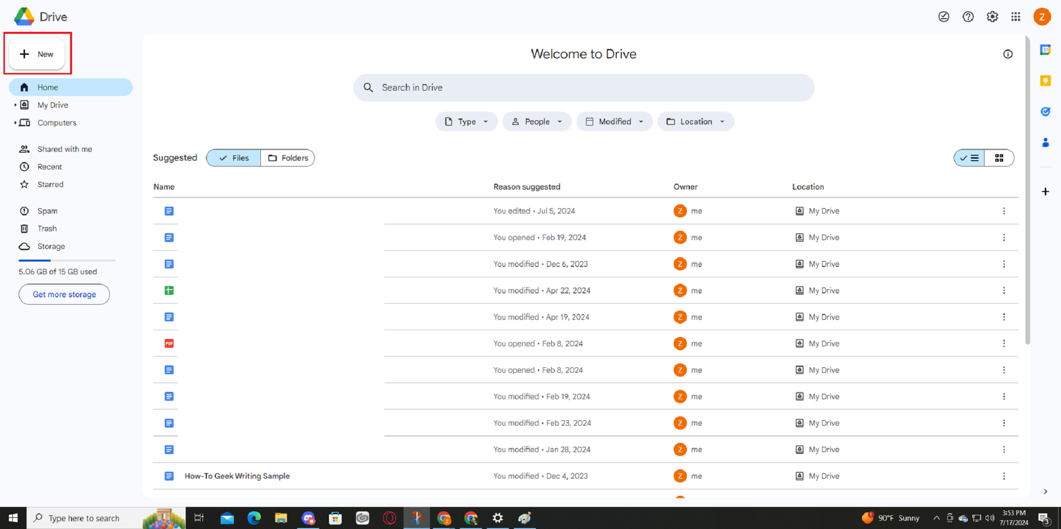 The "New" option in Google Drive.