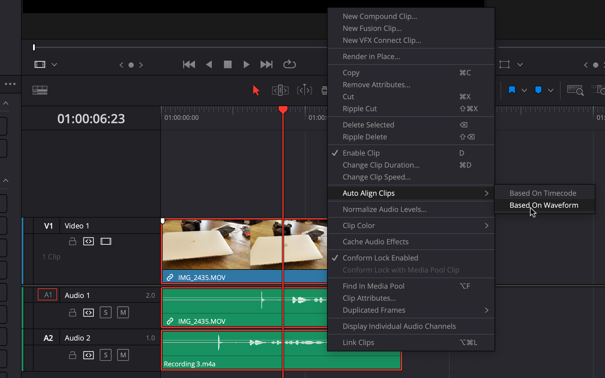 DaVinci Resolve Auto Align Clips tool in the Edit interface.