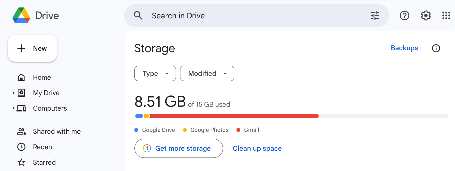 Google Drive available storage remaining.