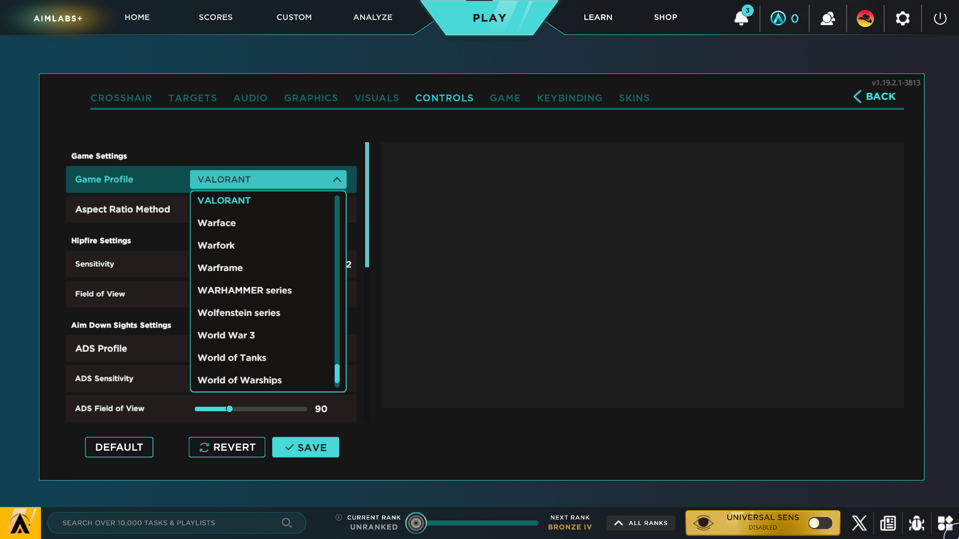 Aimlabs' "Controls" page with the game profile set to Valorant.