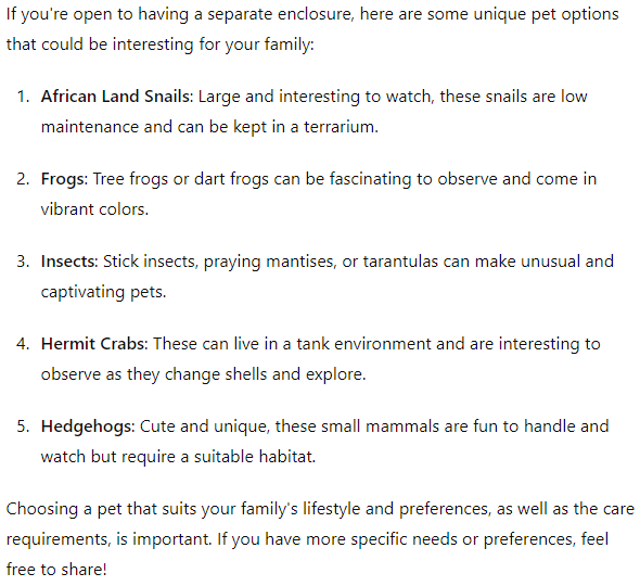 A screenshot of the list of ChatGPT's five alternative pets suggestions.