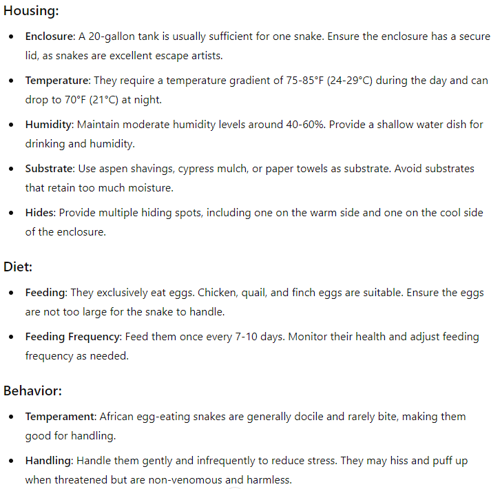 A screenshot of the housing, diet, and behavior of the snake provided by ChatGPT