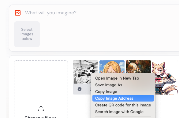 Saving an image link in the Midjourney web interface.