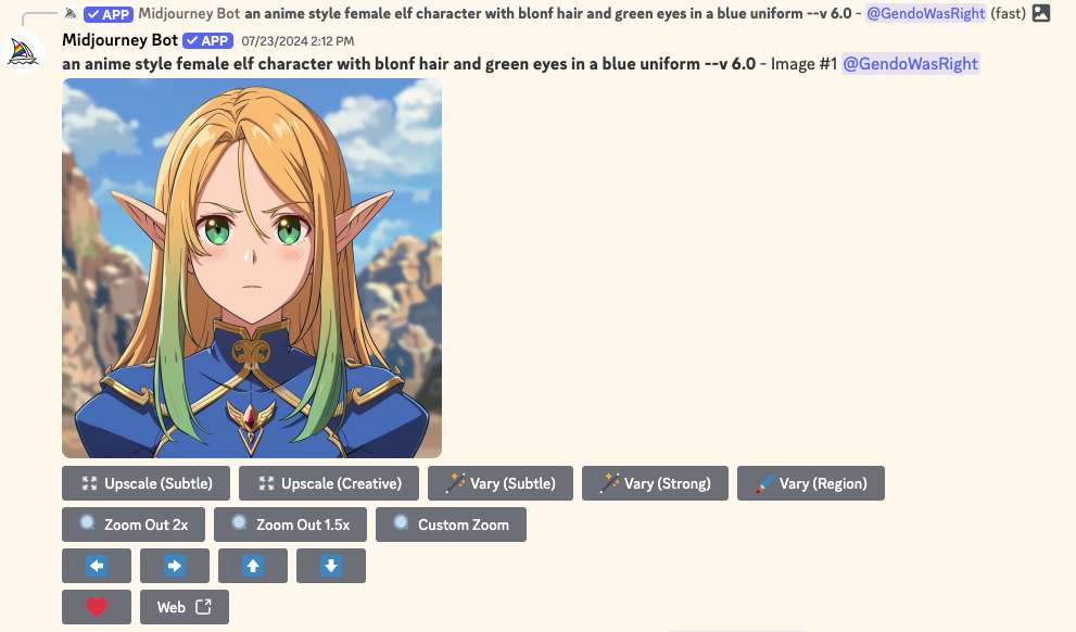 Anime elf image final upscale in Midjourney