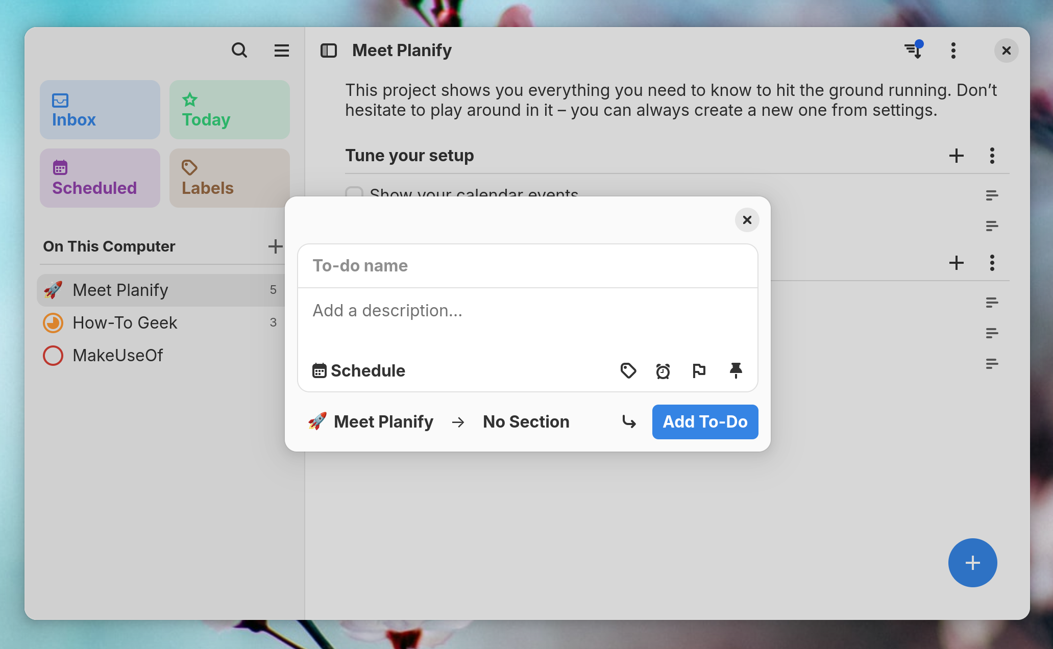 Creating a new to-do in the Planify app for Linux.