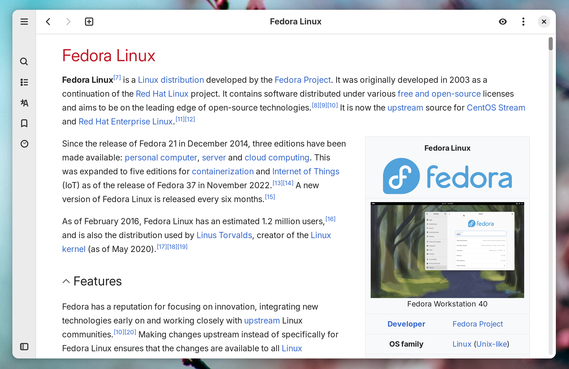 The Fedora Linux Wikipedia page in the Wike app on Linux.