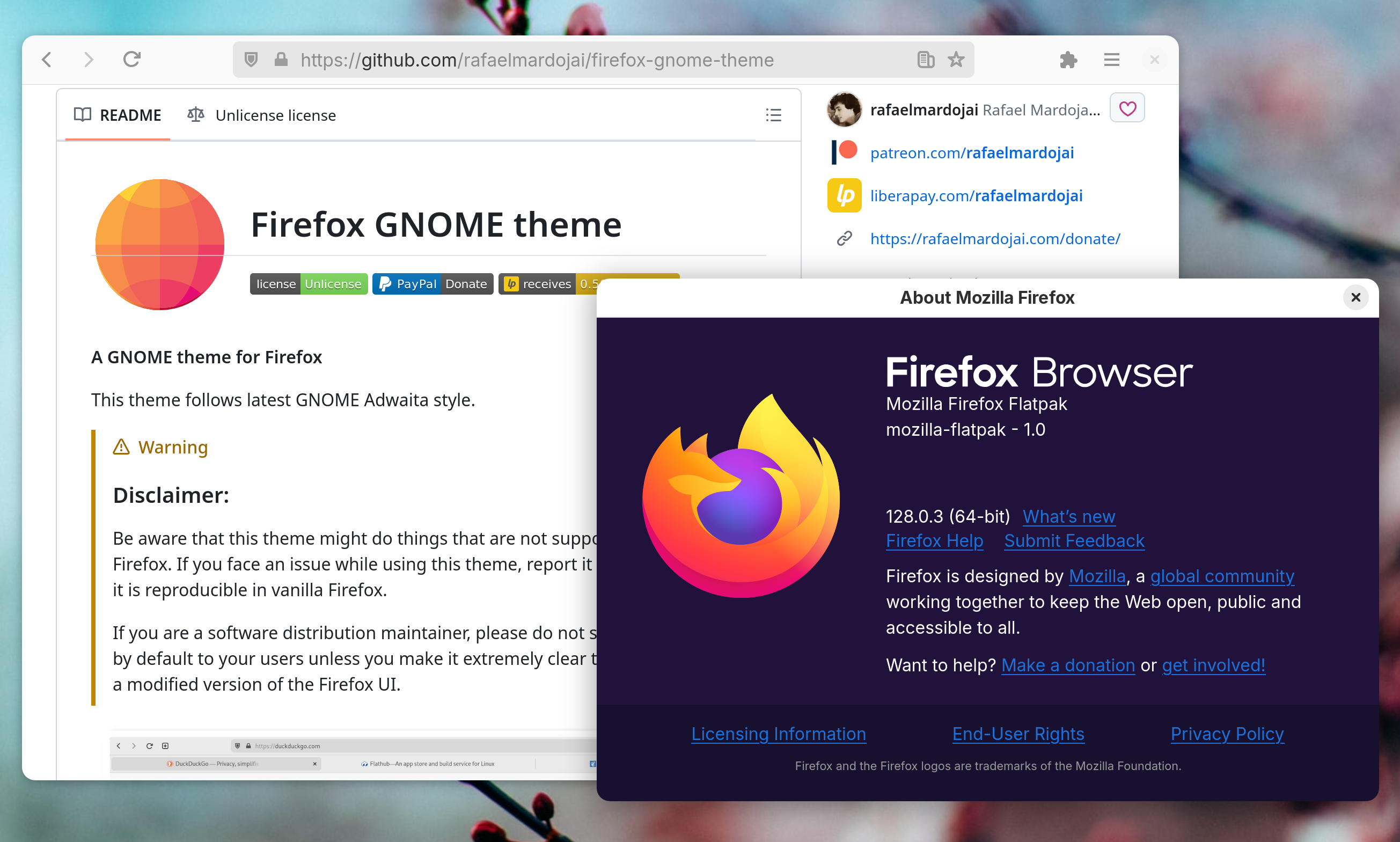 Firefox GNOME theme GitHub page in Firefox on Linux.