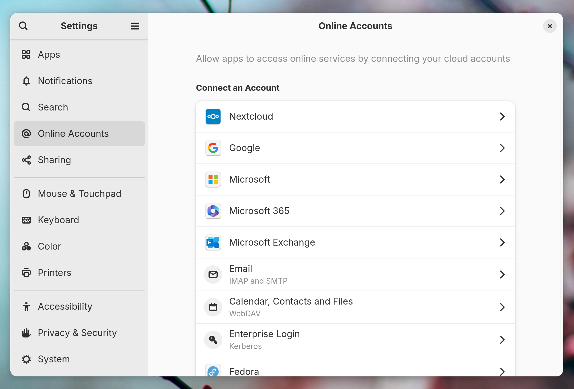 The Settings screen to connect online accounts on Fedora Linux.