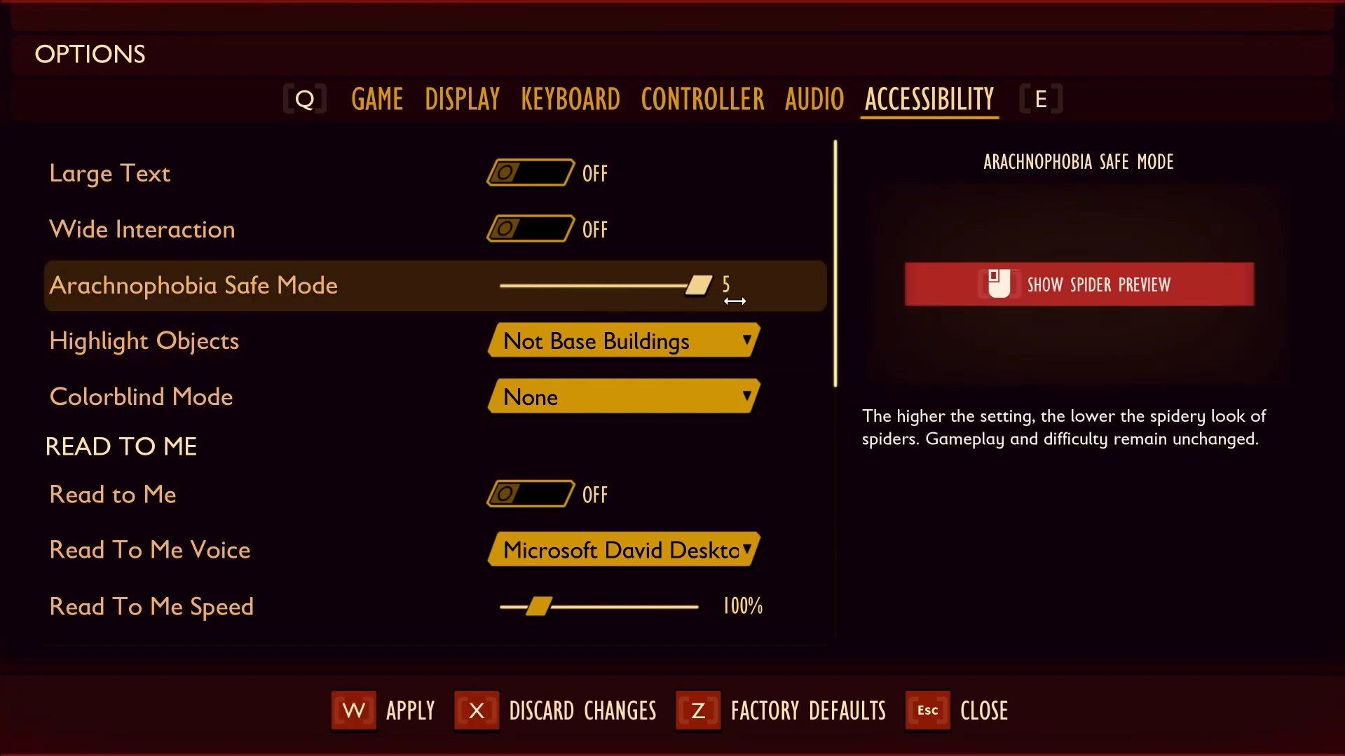 Screenshot of Grounded's arachnophobia safe mode menu.