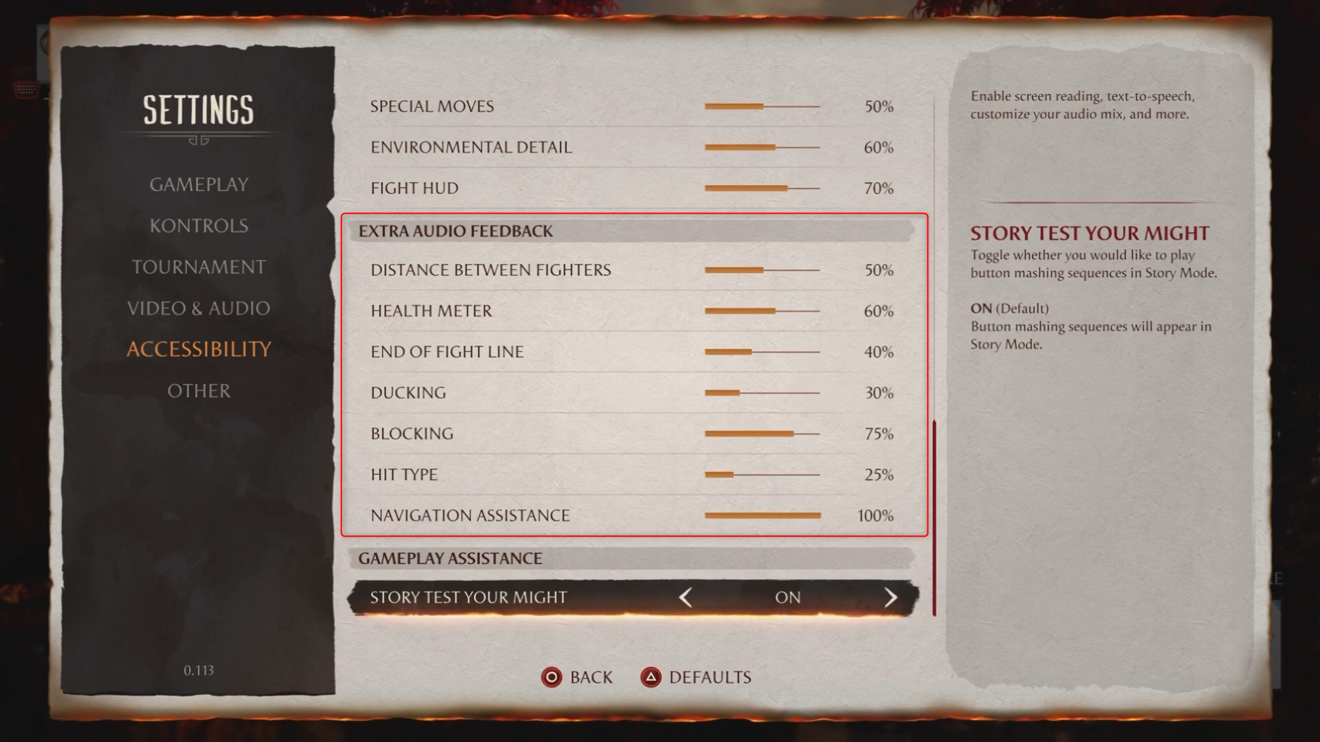 Screenshot of Mortal Kombat 1 extra audio feedback settings