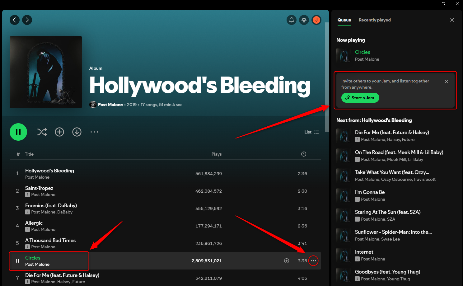 Screenshot of Spotify Start a Jam options