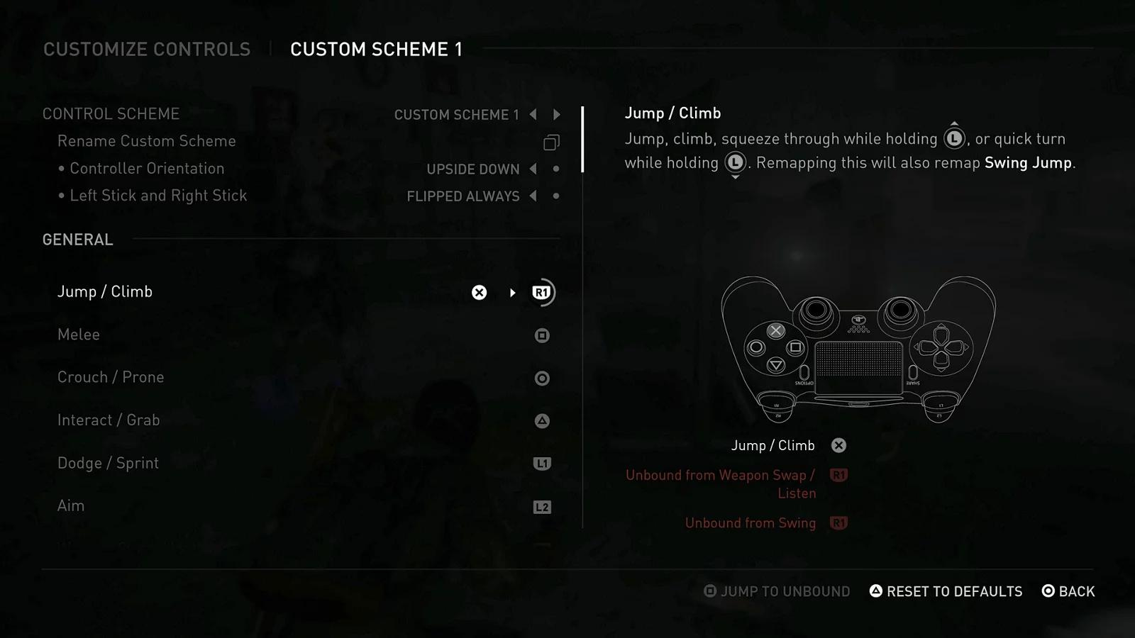 Screenshot of The Last of Us Part II control customization menu.