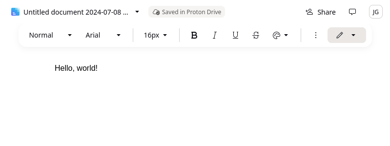 The document editor interface in Proton Drive.
