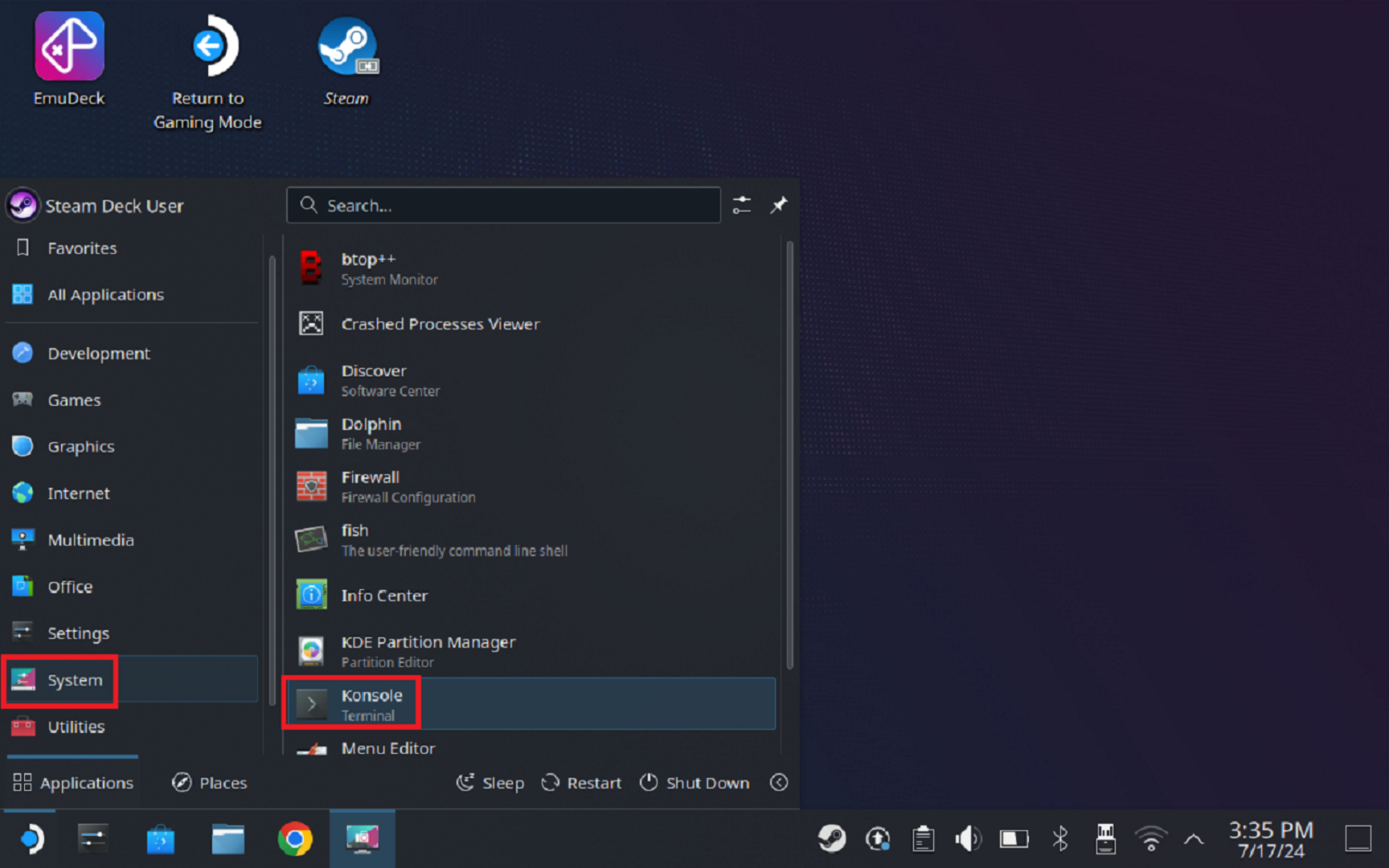 The "Konsole" app on Steam Deck
