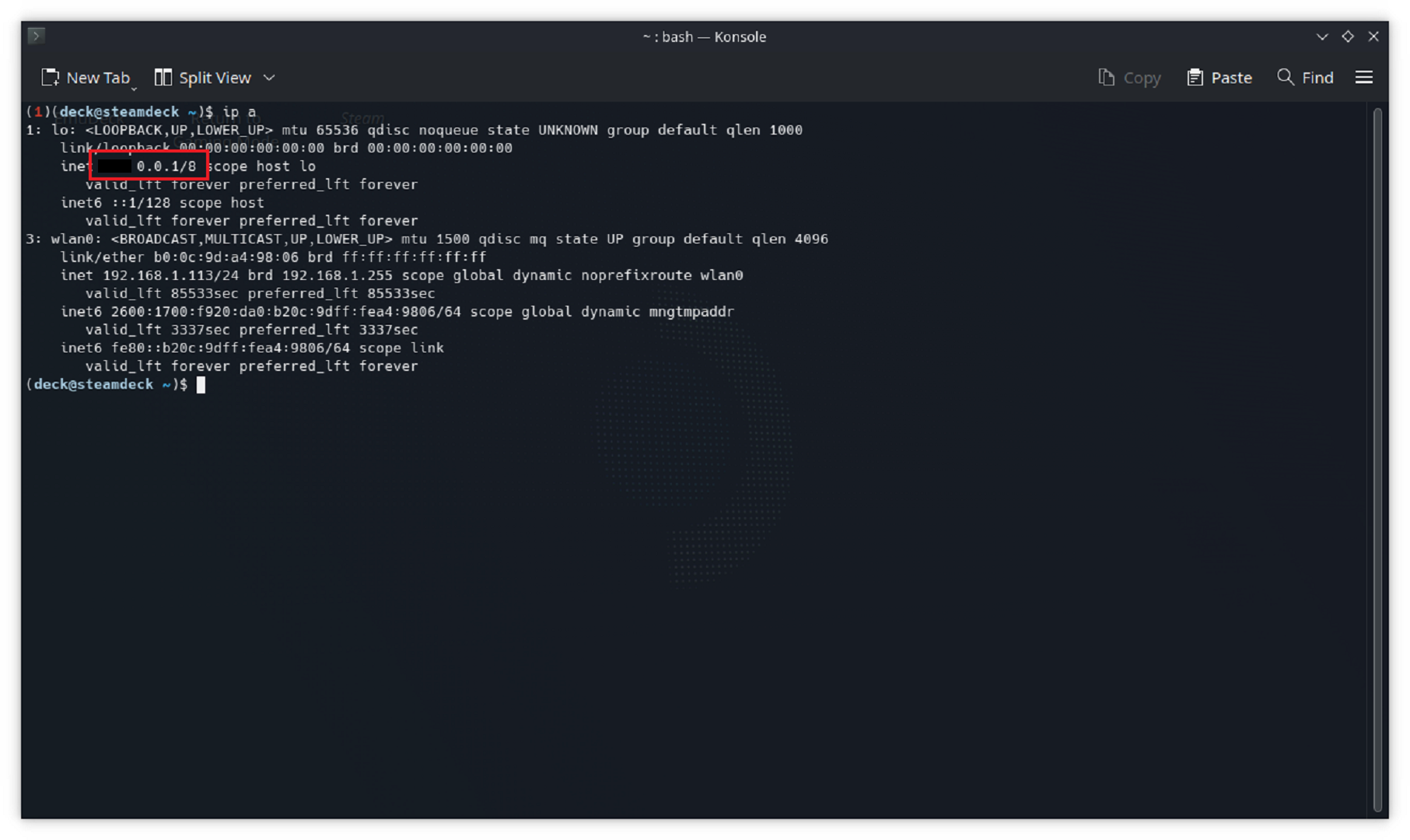 The IP address for the Steam Deck shown in the system's Konsole app.