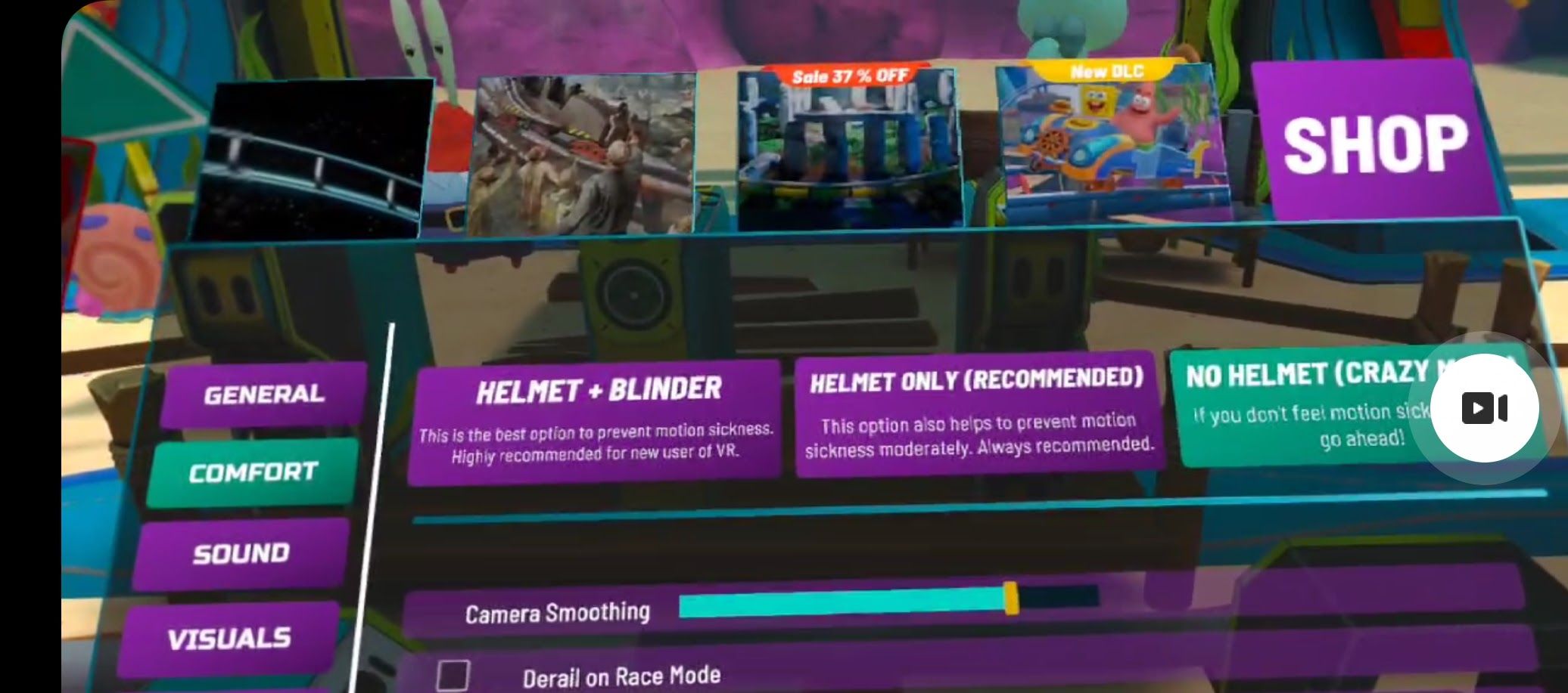 Screenshot demonstrating in-game restricted view options in Epic Roller Coasters to reduce motion sickness.