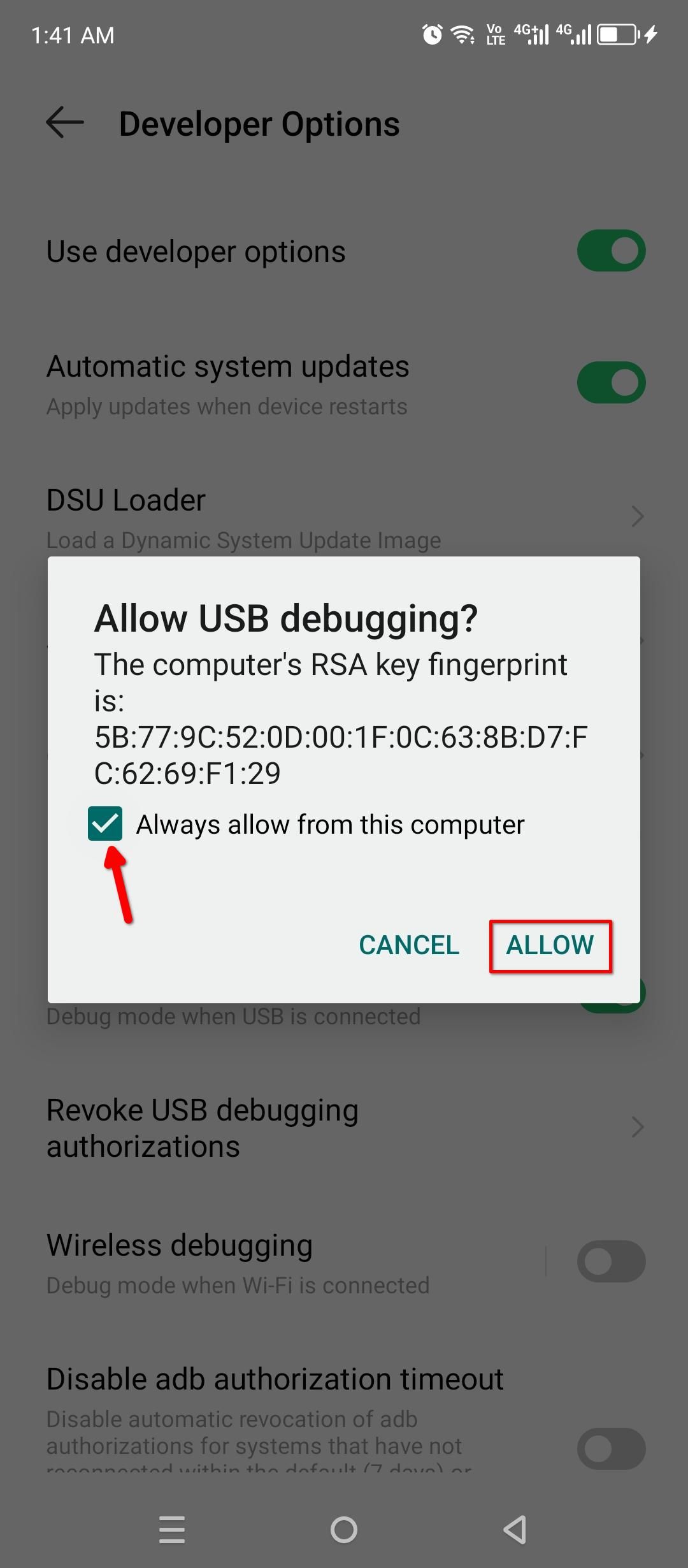 Allowing USB debugging for a computer.