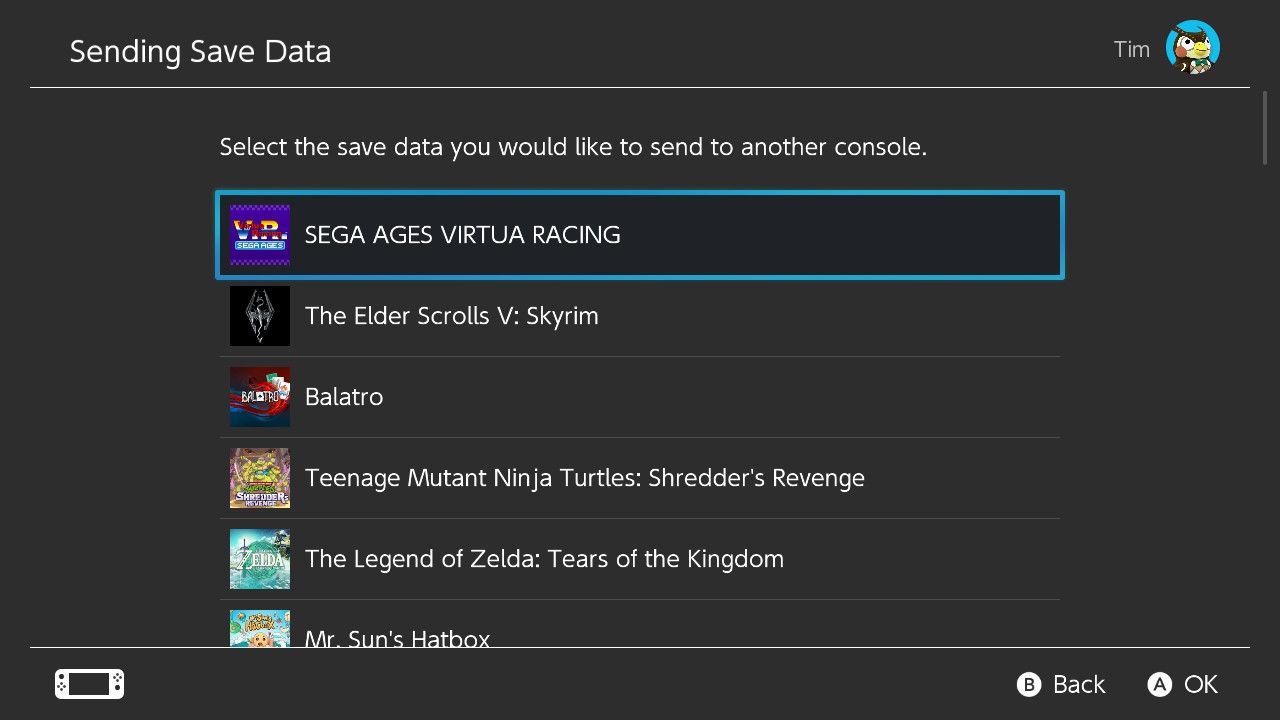 Select which game's save data you want to transfer on the Nintendo Switch.
